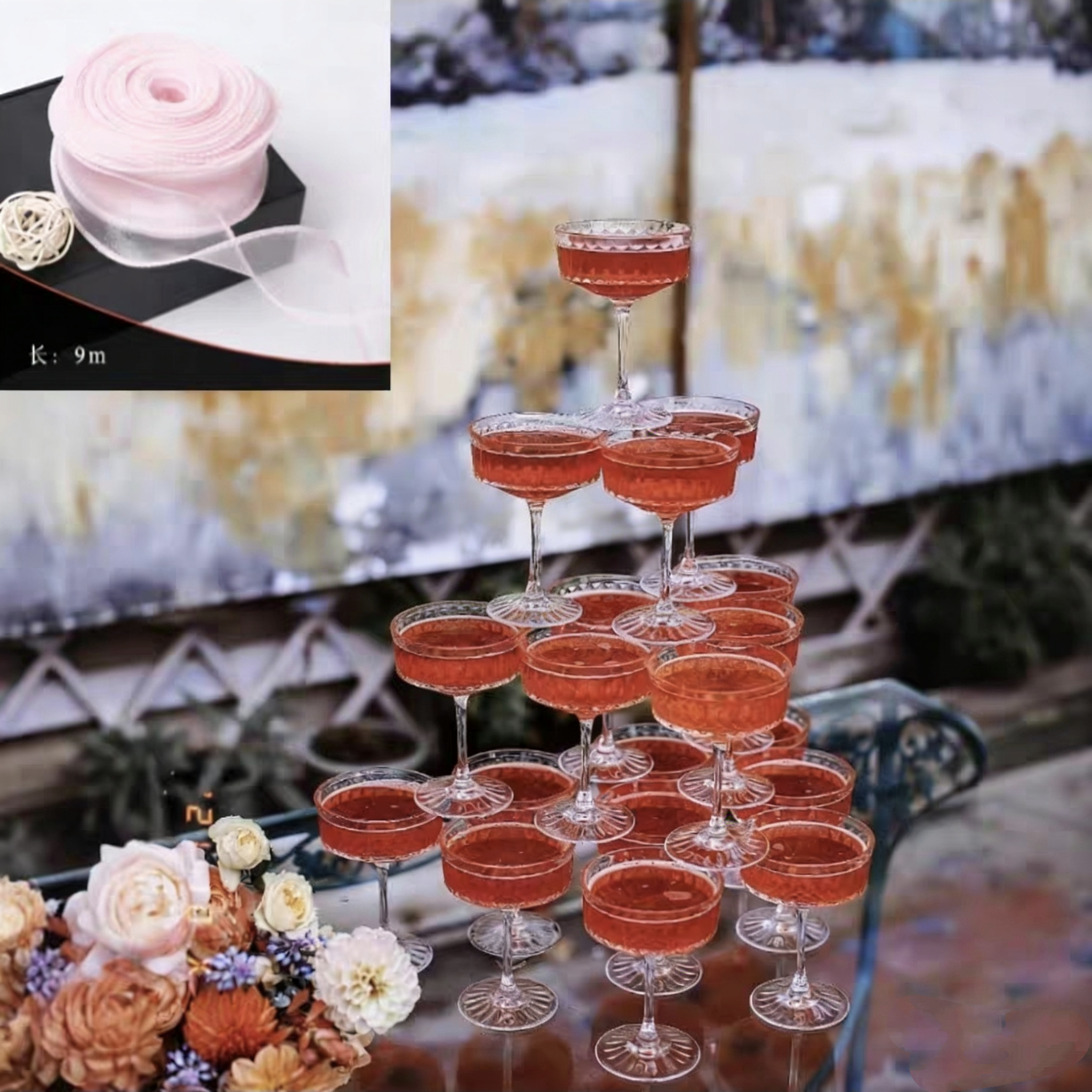 Verre à champagne vin doux - 4 couches de ruban rose en rouleau de 20 mètres