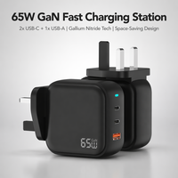 Chargeur rapide compatible 65W Gan double port USB-C PD 3.0 pour téléphones portables, ordinateurs portables, tablettes, appareils photo et montres connectées, adaptateur secteur UK