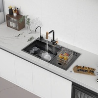 Évier de cuisine intelligent moderne fait main DN 33x19 pouces, quatre trous, en acier inoxydable 304, noir nano, double bac carré avec couvercle dissimulé