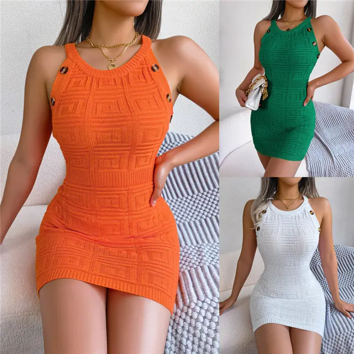 New Fitted Ladies Bodycon Summer Mini Dress Sleeveless Knitted Casual Dresses 1 Piece Natural Simple Adults Pencil Geometric S-L