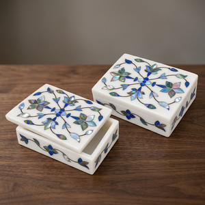 Boîte à bijoux moderne en marbre indien multicolore de luxe avec motif floral et incrustation de nacre Stonecrafts International 10x7,5 cm pour table - Product Image 3