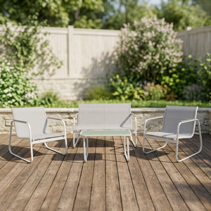 Set da Giardino Galileo 4 Posti Durevole con Tavolino Bianco e Piano in Vetro Temperato Saint Martin, Arredamento da Esterno in Alluminio, Portata 200kg - Product Image 2