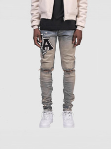 <span class=keywords><strong>Jeans</strong></span> en denim pour hommes en gros, coupe slim, déchirés, style streetwear, délavés, avec broderie au genou, décontractés - Product Image 6