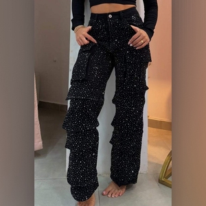 Pantalons en jean décontractés pour femmes, style streetwear, avec poches ornées de diamants, tendance - Product Image 2