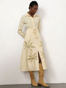 Vestidos Casuales de Mujer, Nuevo Estilo, 100% Algodón, Tejido, Bordado, Cuello de Solapa Elegante, Botones, Manga Corta, Cintura Natural - Product Image 2