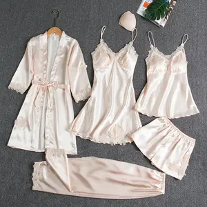 Spring/Summer pajamas women's sleepwear sexy five-piece set silk section with chest pad suspenders nightdress ladies nightgown