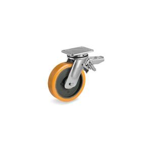 TELLURE ROTA - 648504 TR Polyurethane wheels, <b>cast</b> <b>iron</b> centre, swivel top <b>plate</b> bracket EE MHD, rear adjustable brake - wheel w - Product Image 1