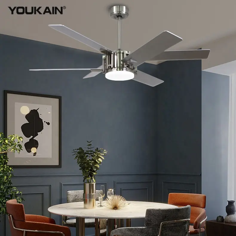 High quality fandelier MDF plywood DC brushed nickel ceiling fan silver design LED fancy 220v ceiling fan with light