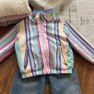 เสื้อแจ็คเก็ตแบบสองด้าน เป็นมิตรกับสิ่งแวดล้อม สไตล์ลำลอง คอลเลคชั่นฤดูใบไม้ผลิ-ฤดูใบไม้ร่วง ปี 2025 เสื้อคลุมคาร์ดิแกนสำหรับเด็กชายและเด็กหญิง คอตั้ง ลายทางด้านหน้า - Product Image 1