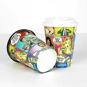 플라스틱 뚜껑이있는 만화 인쇄 뜨거운 음주 생분해 성 Pbs 종이 복합 커피 컵