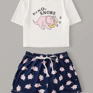 Conjunto de Pijama Corto con Estampado de Dibujos Animados para Mujer, Pijama de Verano con Camiseta de Manga Corta y Pantalones Cortos - Product Image 5