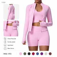 Ensemble de sport 3 pièces respirant et léger à carreaux : Cardigan à manches longues avec trous pour les pouces et short cycliste élastique à taille élastique