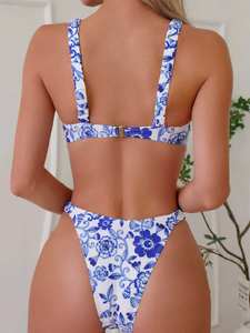 Hot Selling European American Style Sexy One Piece Swimsuit <b>Blue</b> And White Porcelain Print Beach Swimwear Suit Wholesale - Product Image 3
