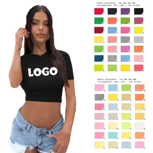 Áo Thun Cotton Mỏng Màu Trơn In Tùy Chỉnh Mùa Hè Áo Crop Top Áo Thun Nữ Gợi Cảm Áo Thun Trắng Hip Hop Áo Crop Top Cho Nữ