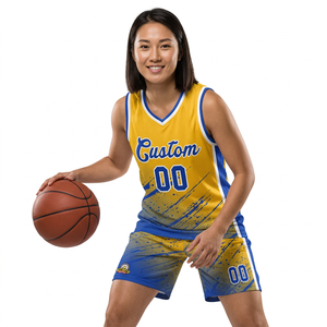 Ensemble de maillots de basket-ball personnalisés, jaune et bleu dégradé, impression sublimée, polyester respirant, débardeur et short uniformes - Product Image 2