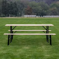 Ensemble table et banc pliants robustes de style bistrot classique en bois de sapin massif avec support métallique renforcé pour l'extérieur, la cour arrière, la terrasse, les repas en plein air