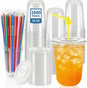 Gobelets en plastique jetables transparents à fond rond de 16 oz avec couvercles et pailles décoratives colorées pour café glacé et boissons froides - Product Image 1
