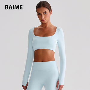 2025 nuevo cuello cuadrado de manga larga Yoga Top <span class=keywords><strong>ropa</strong></span> Slim Fit Active Wear Fitness Shirt - Product Image 6
