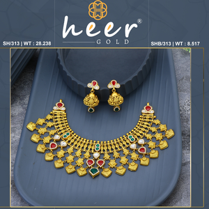 Women's 22k Gold <b>Statement</b> <b>Necklace</b> Set With Red Green Enamel Heart Beads Ethnic Wedding Jewelry - Product Image 2