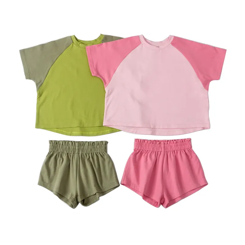 Super Popular Contrasting Colors Girls Two Pieces Set Short Sleeves Raglan Sleeves Shirt Girls Outfits