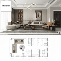 Plan de dessin d'aménagement intérieur résidentiel avec plan de plancher détaillé et rendu