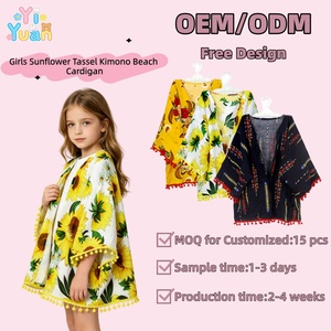 <span class=keywords><strong>Kimono</strong></span> per Bambine con Stampa Girasole su Base Bianca, Bordo con Pompon, Maniche a Pipistrello, Copricostume Estivo da Spiaggia per Bambine - Product Image 1