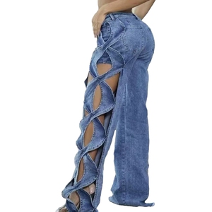 Women's Side Hollow S <b>Line</b> Denim Patchwork Pants <b>Jeans</b> Fashion - Product Image 3