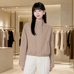 Groothandel vintage korte jassen geruite damesoverhemden schuine zakken rits lange mouwen buitenkleding herfst winter casual rits blouse 2026 - Product Image 1