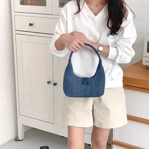 Wholesale Blue Denim Fabric Handbag Underarm Young Fashion Half Moon Wrist Bag Clutch Stitching Plaid Light Blue Women Bag