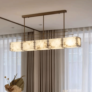 Luminaire suspendu rectangulaire en albâtre, cadre en bronze, E27 LED blanc chaud 3500K, hauteur réglable pour salle à manger - Product Image 5