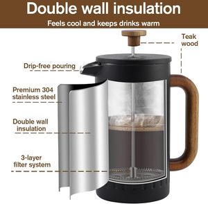 Large Metal 304 Stainless Steel French Press <b>Coffee</b> Brewer Pot Modern Transparent <b>Portable</b> Hotel Use 600ml Black with Lid - Product Image 2