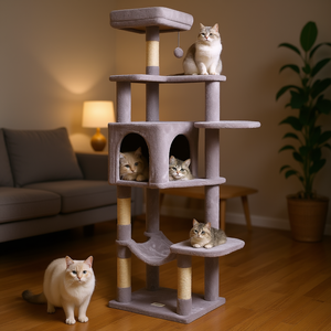 คอนโดแมวสีเทาอ่อน 60.6 นิ้ว แบบ 4 ชั้น พร้อมที่ลับเล็บจากเส้นใยไซซอล โครงสร้างสำหรับแมวปีนป่ายในบ้าน สไตล์คลาสสิก - Product Image 2