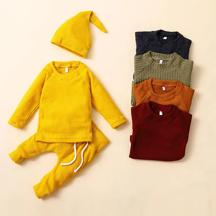 Autumn Winter Newborn Baby 3pcs Clothing Sets Long Sleeve Yarn Knitted Sweater Pants Hats Baby Girls and Boys Clothes Full Solid