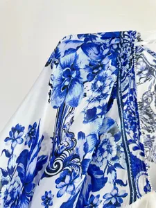 100%Silk Blouse Shirts 2024 Spring Summer Designer Fashion Blouses Luxury Clothes Women V-Neck Vintage Porcelain Print Loose Top