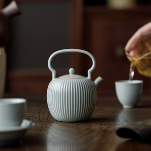 Guanlan Sky Blue Ceramic Teapot With Handle Vertical Striped <b>Small</b> Kung Fu Tea Set - Product Image 4