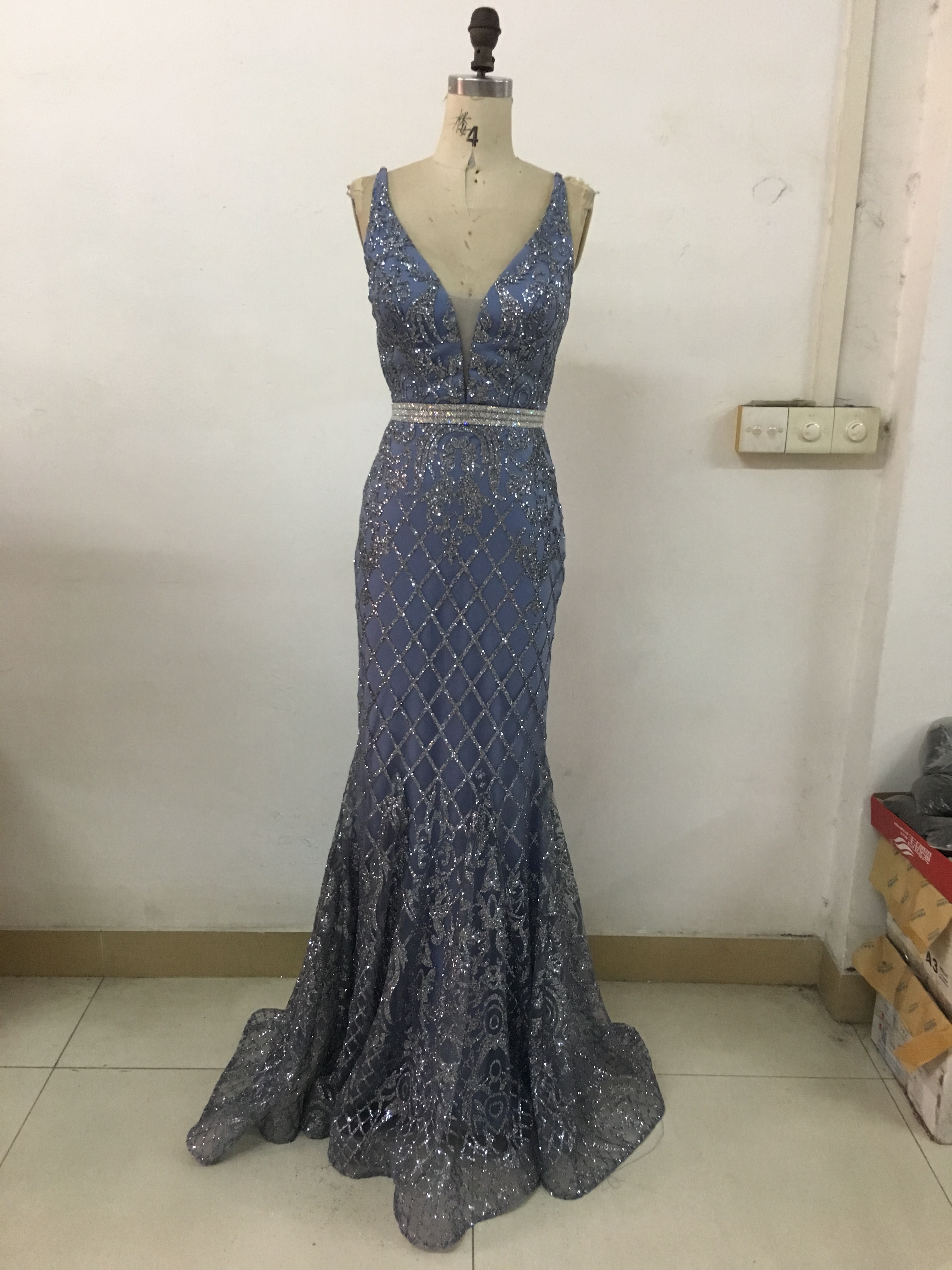 Sexy Mermaid Deep V Neck Rhinesto<i></i>nes Belt Waist Low Back Sparkle Fabric Prom Dress