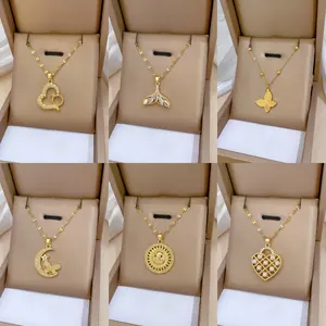 Luxury Women Moon Butterfly Necklace Gold Plated Jewelry Diamond Heart Stainless Steel Necklace