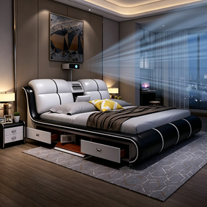 Lit de massage intelligent avec table de chevet intégrée, rangement, éclairage LED et cadre de lit en cuir moderne de luxe multifonctionnel pour lits Queen et King Size - Product Image 2