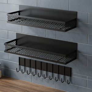 Étagère de rangement murale en métal avec étagères en maille et crochets, style industriel, organisateurs à double niveau pour mur ou porte - Product Image 5