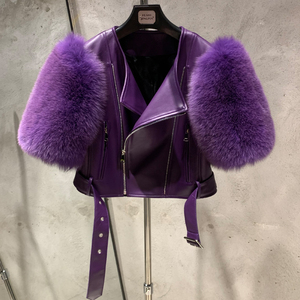 <strong>Women</strong> Genuine Sheep Leather Cropped Biker Jacket Natural Fox Fur Shoulder Decor Diagonal Zipper Belted Moto Outerwear - Product Image 1