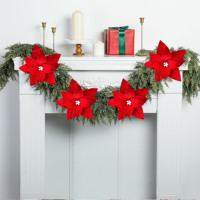 Fleur de Poinsettia de Noël en Velours Rouge, Fleur Artificielle de 34 cm, Décoration Florale de Fêtes pour la Collection de Noël, Vente en Gros