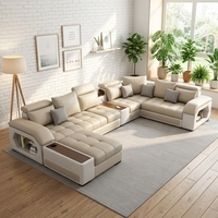 Ensemble de canapés modulaires en cuir beige avec porte-gobelets intelligents et appuie-têtes réglables pour salon