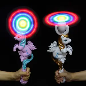LED Spinning Toy Windmill Wand DIY Fibra óptica Musical Light Up Unicorn Toy para niña