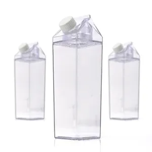 Clear Milk Carton Water Bottle 0.5L 1L Acrylic Milk Bottle Plastic Screw Caps Water Bottle Food Container