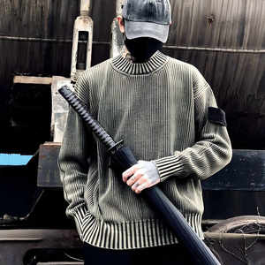 Suéter de punto con logotipo personalizado, cuello redondo, hombros caídos, estilo oversize, tejido de invierno, informal, con efecto lavado ácido, para hombre - Product Image 5