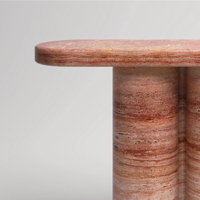 Table console en marbre travertin rouge Dream Home, plateau en forme de piste de course, base à triple cylindre, meuble d'entrée en pierre superposée
