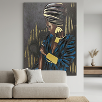 Peinture à l'huile abstraite encadrée sur toile, portrait de femme africaine bleu or, texture moderne, décoration pour la maison et l'hôtel