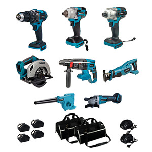 Juego de 16 piezas que incluye taladro percutor sin escobillas, destornillador, llave multifunción, sierra circular, sierra de vaivén y amoladora angular. - Product Image 1