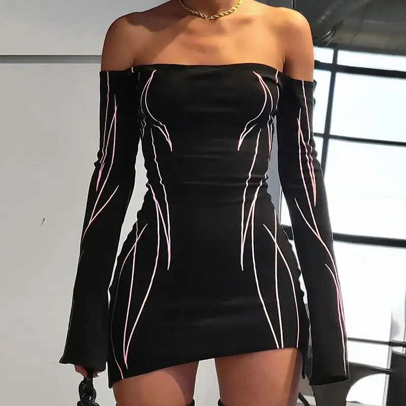 RNSHANGER Gothic Black Off Shoulder Long Sleeve Mini Dress Grunge Streetwear Outfits Women Print Party Club Short Dress