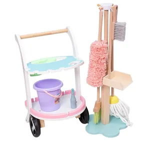 Children's Wood Pretend Play Sweep Cleaning Toy Simulation Mop Broom Trolley Tool Wooden Educational Learningtoys For Kids